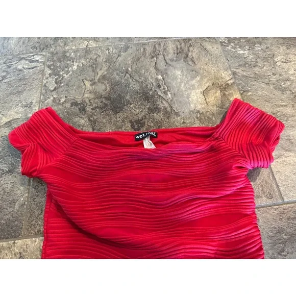 Y2K Wet Seal Bodycon Mini Dress Red Textured Off the Shoulder Party Club Dress - Picture 3 of 7